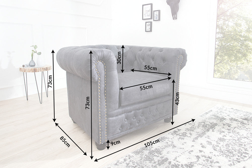 Armchair CHESTERFIELD antique look microfibre grey