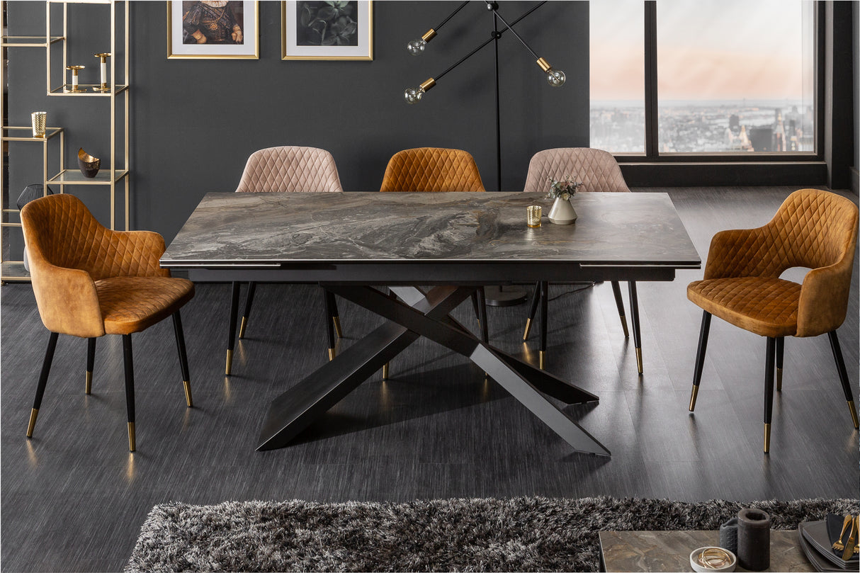 Dining table EUPHORIA 180-220-260cm ceramic marble look 10mm tempered glass
