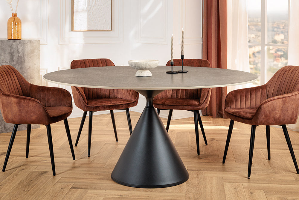 Esstisch SIGNATURE 135 cm, rund, schwarzer Metallrahmen, Platte aus grauem Keramikmarmor