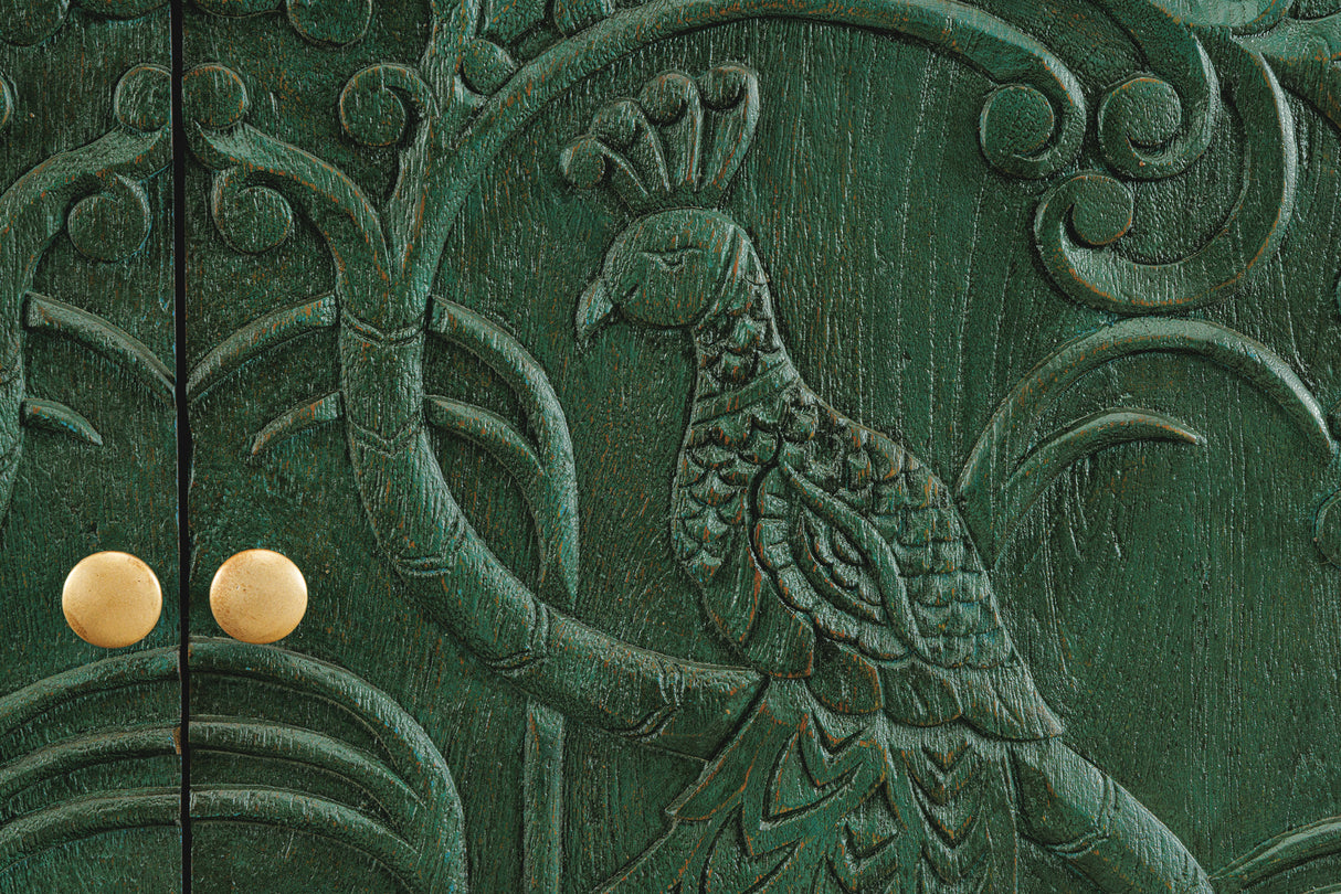 Sideboard PEACOCK 175cm 3D Mangoholz Antik-Look dunkelgrün gold handgefertigt