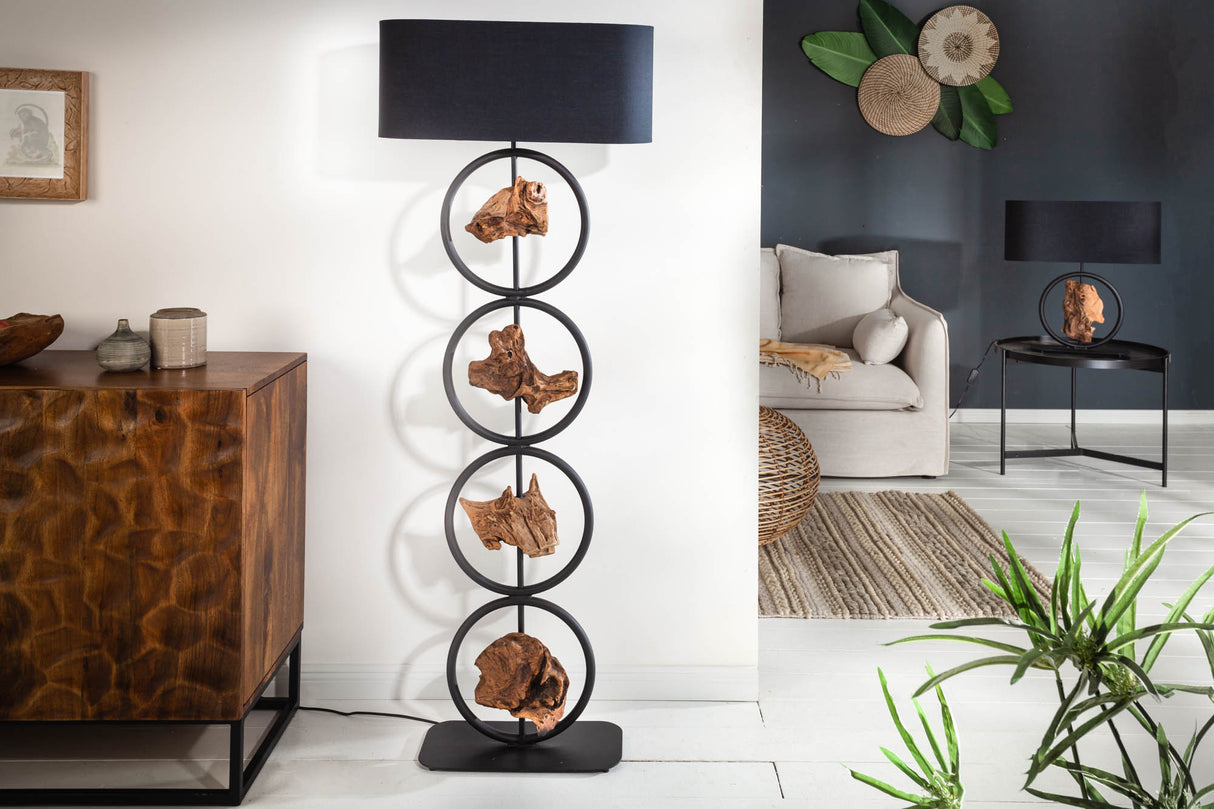 Floor lamp ELEMENTS 150cm recycled acacia wood elements w/ cotton shade black