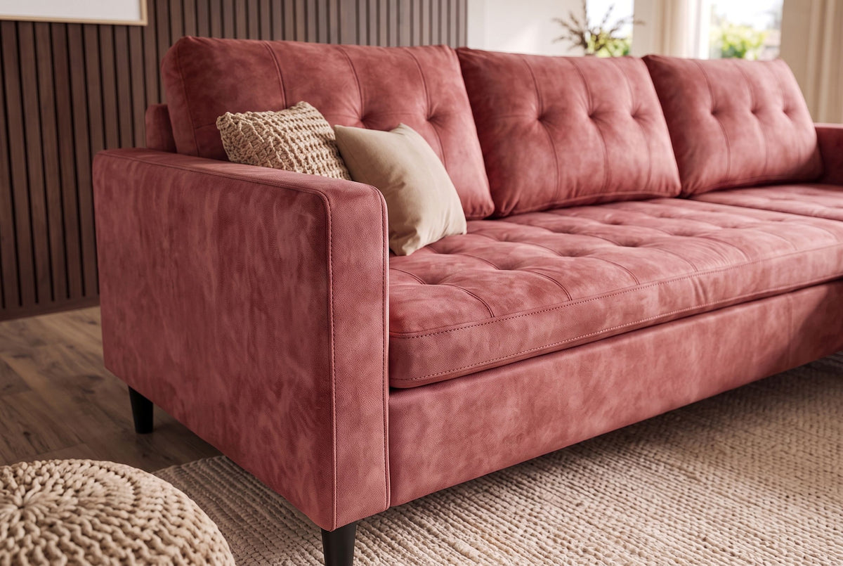 Corner sofa STOCKHOLM 220cm 3-seater w/ ottoman button tufted look velvet dusky pink