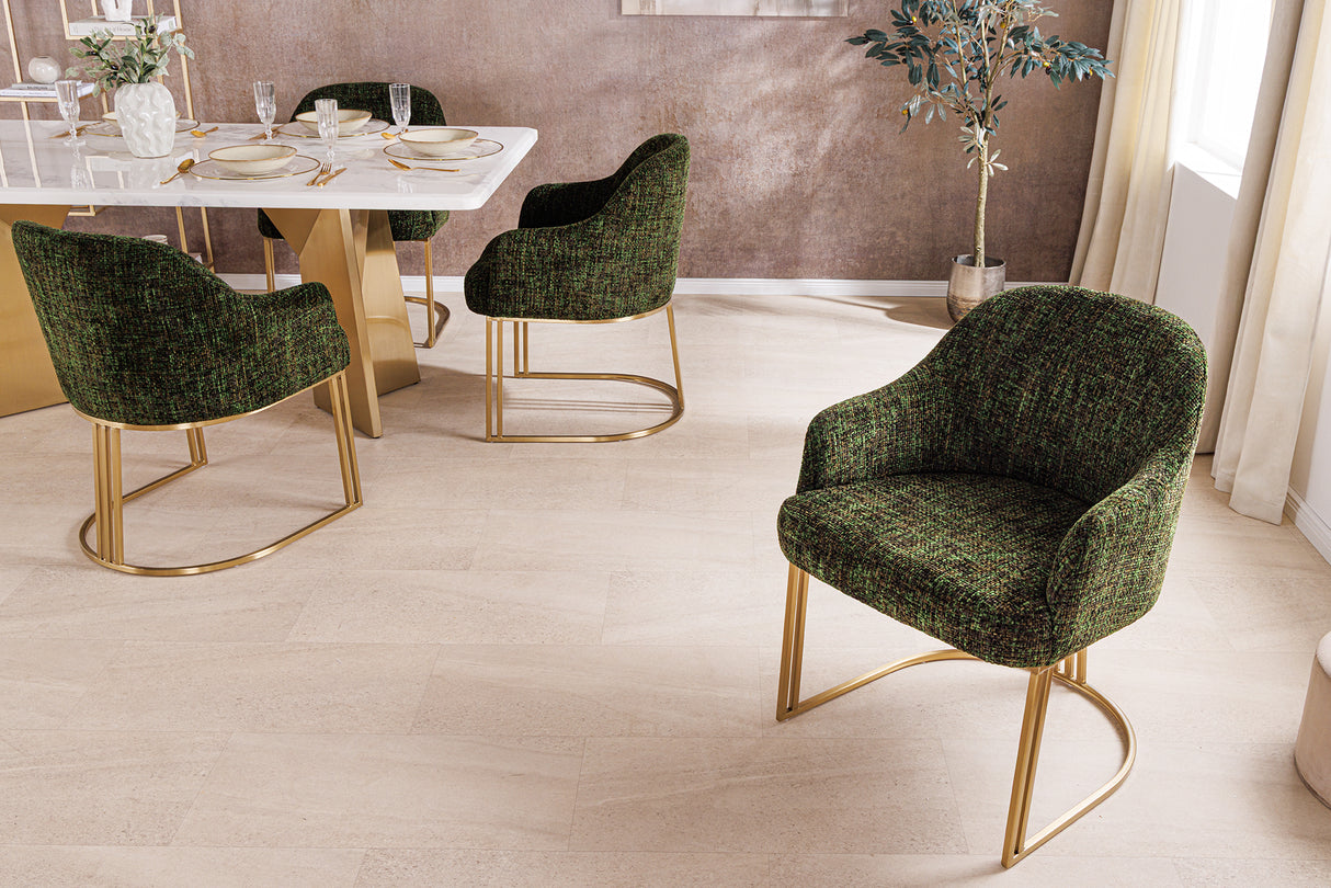 Chair EXTRAVAGANCIA dark green chenille fabric w/ armrests and champagne golden frame