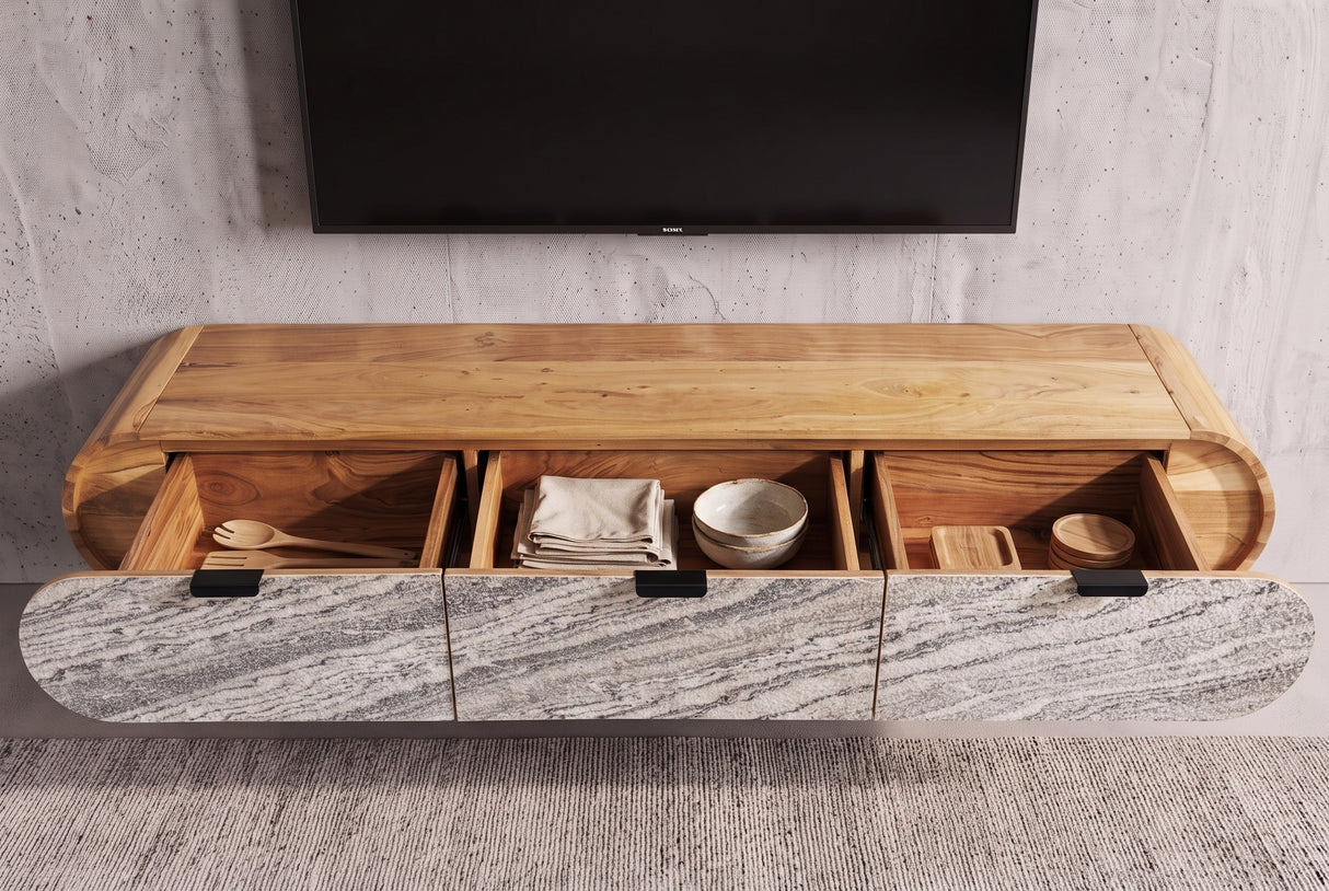 TV-Board ORGANIC 160cm hanging acacia wood natural w/ stone look front