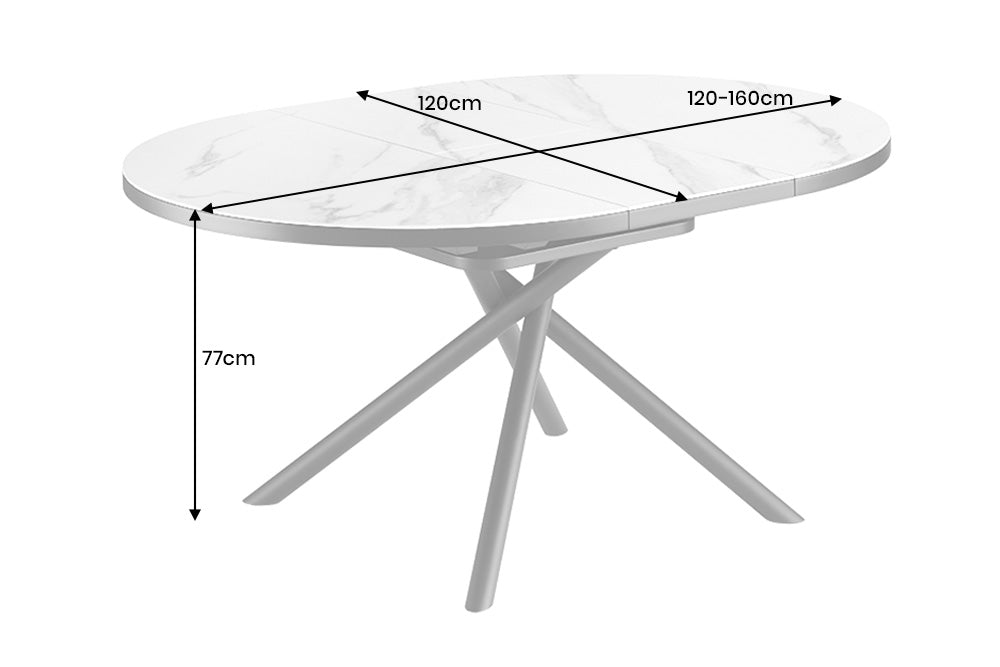 Dining table MIKADO 120-160cm round extendable marble look white ceramic tempered glass