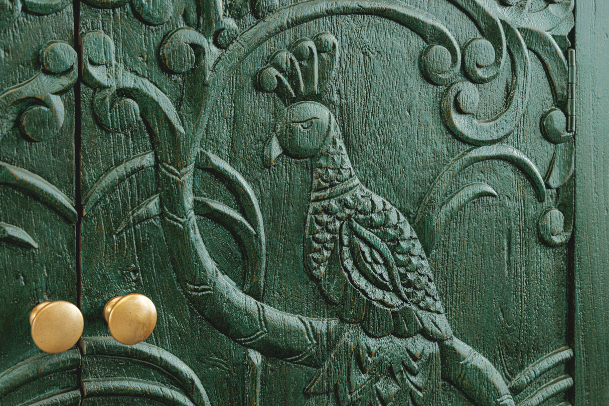 Sideboard PEACOCK 175cm 3D Mangoholz Antik-Look dunkelgrün gold handgefertigt