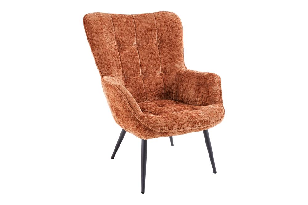 Armchair SCANDINAVIA w/ armrests and black metal legs chenille fabric rust brown