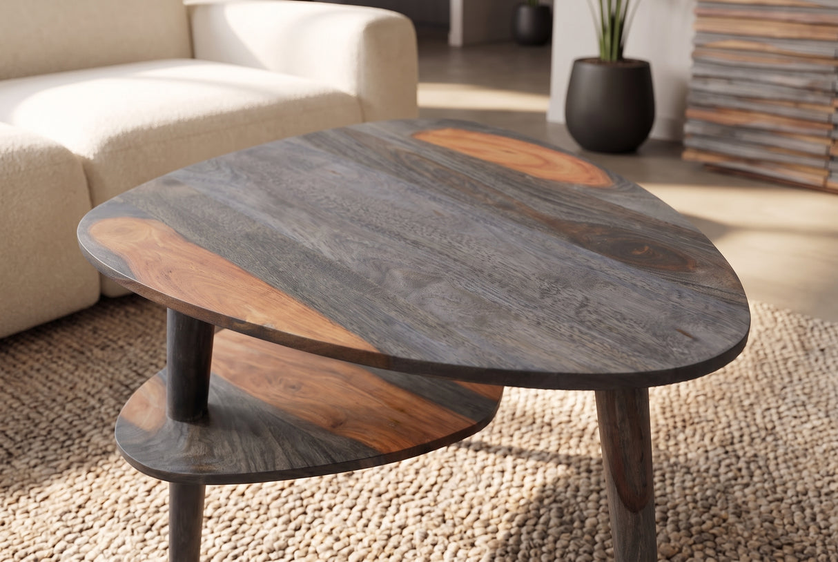 Coffee table ORGANIC LIVING 55cm w/ storage space sheesham wood grey smoke finish