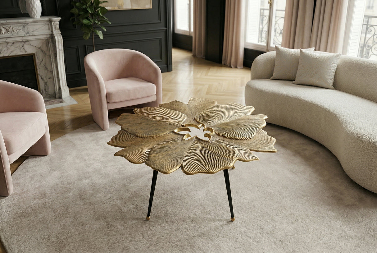 Couchtisch GINKGO LEAVES 95cm gold mit schwarzen Beinen