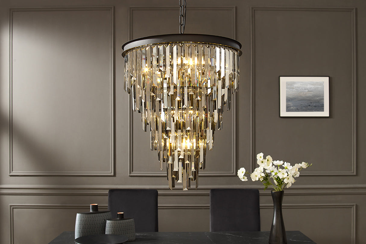 Chandelier CRYSTAL 50cm iron black glass prisms grey
