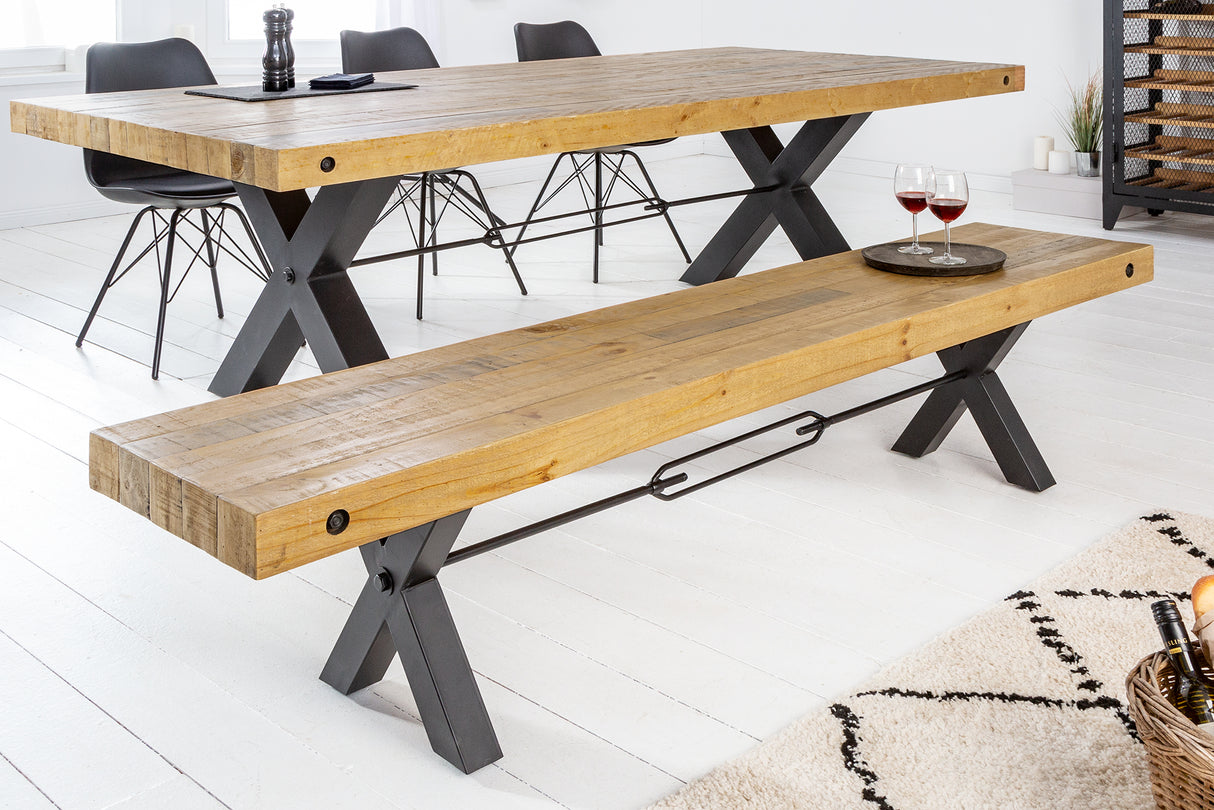 Bench THOR 200cm X-legs pine wood vintage brown