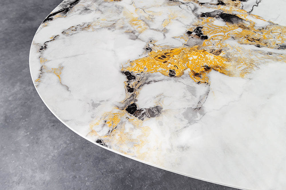 Esstisch SCULPTURE 280cm ovales Bronzegestell mit Keramikplatte mehrfarbige Marmoroptik