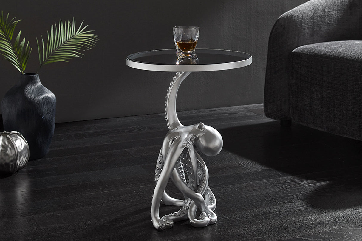 Beistelltisch WILDLIFE OCTOPUS 55cm silber beleuchtete Glasplatte mit LED Streifen