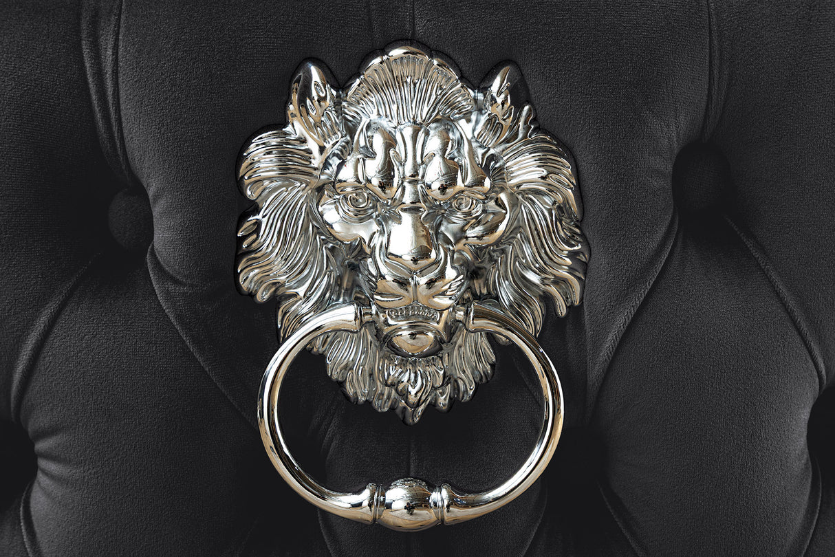 Chair CASTLE DELUXE w/ lion´s head handle velvet black legs black in chesterfield style
