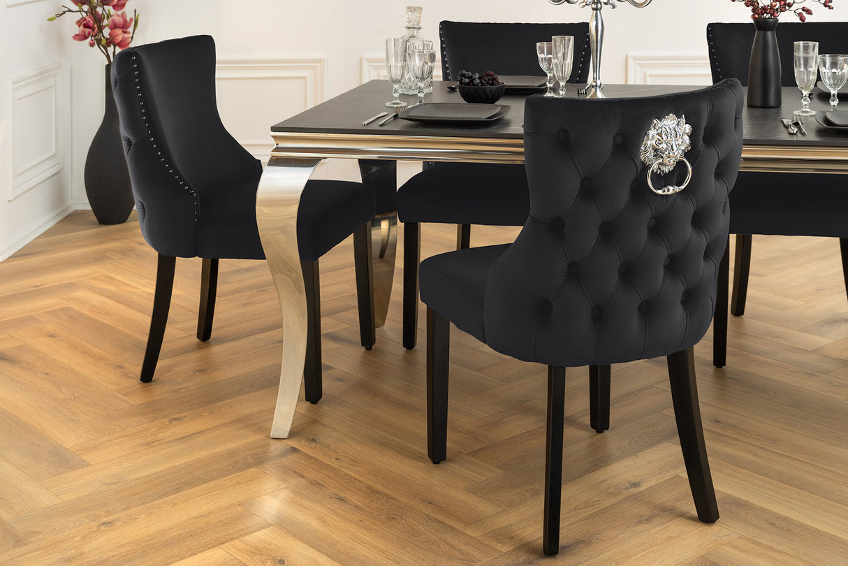 Chair CASTLE DELUXE w/ lion´s head handle velvet black legs black in chesterfield style