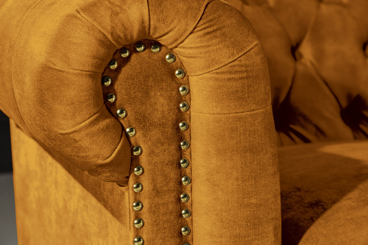 Sofa CHESTERFIELD 205cm spring core 3-seater velvet mustard yellow