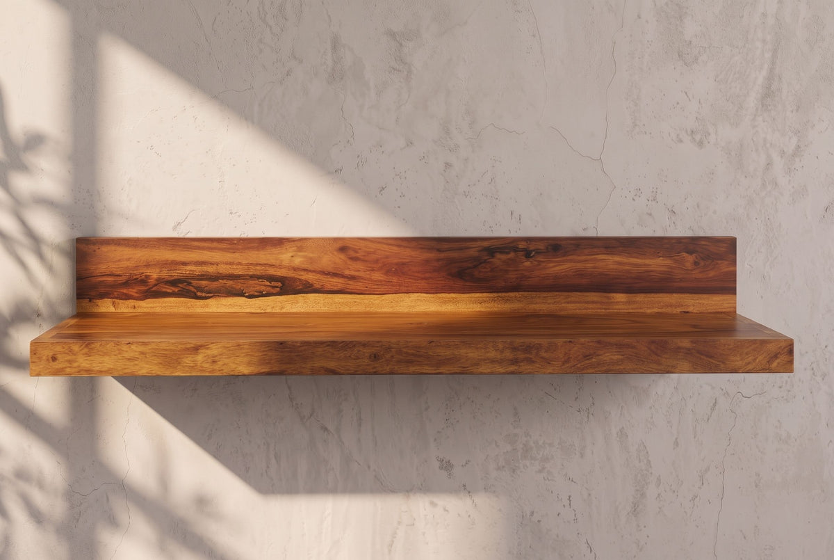 Wandregal MAKASSAR 80cm Sheesham Massivholz Naturstein-Finish mit Rückwand