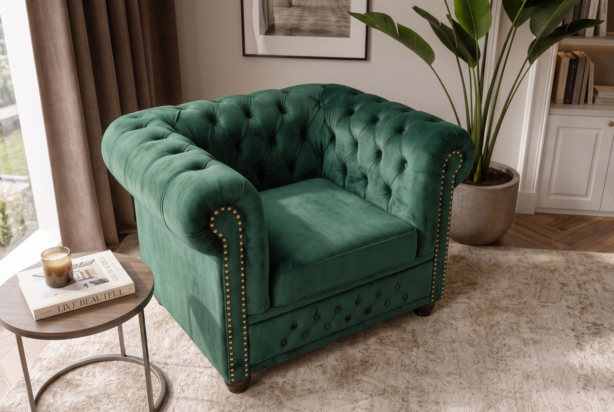 Armchair CHESTERFIELD antique look velvet emerald green