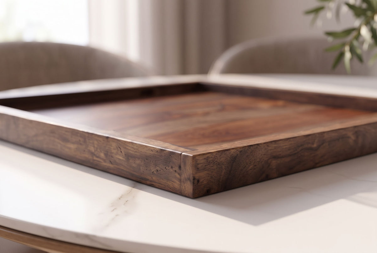 Tray MAKASSAR 50cm w/ raised edge sheesham wood brown smoke finish