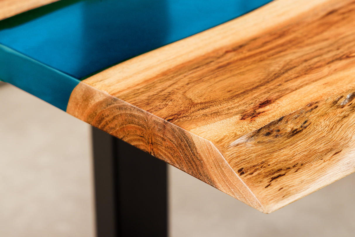 Coffee table LIQUID 110cm acacia wood blue epoxy strip