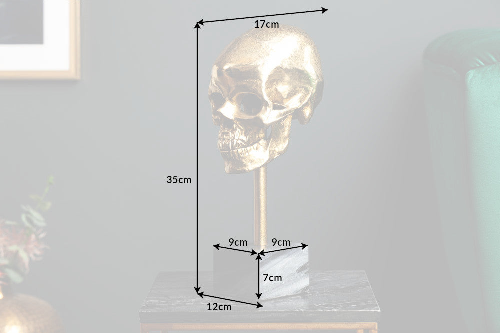 Skulptur TOTENKOPF gold mit Marmorsockel