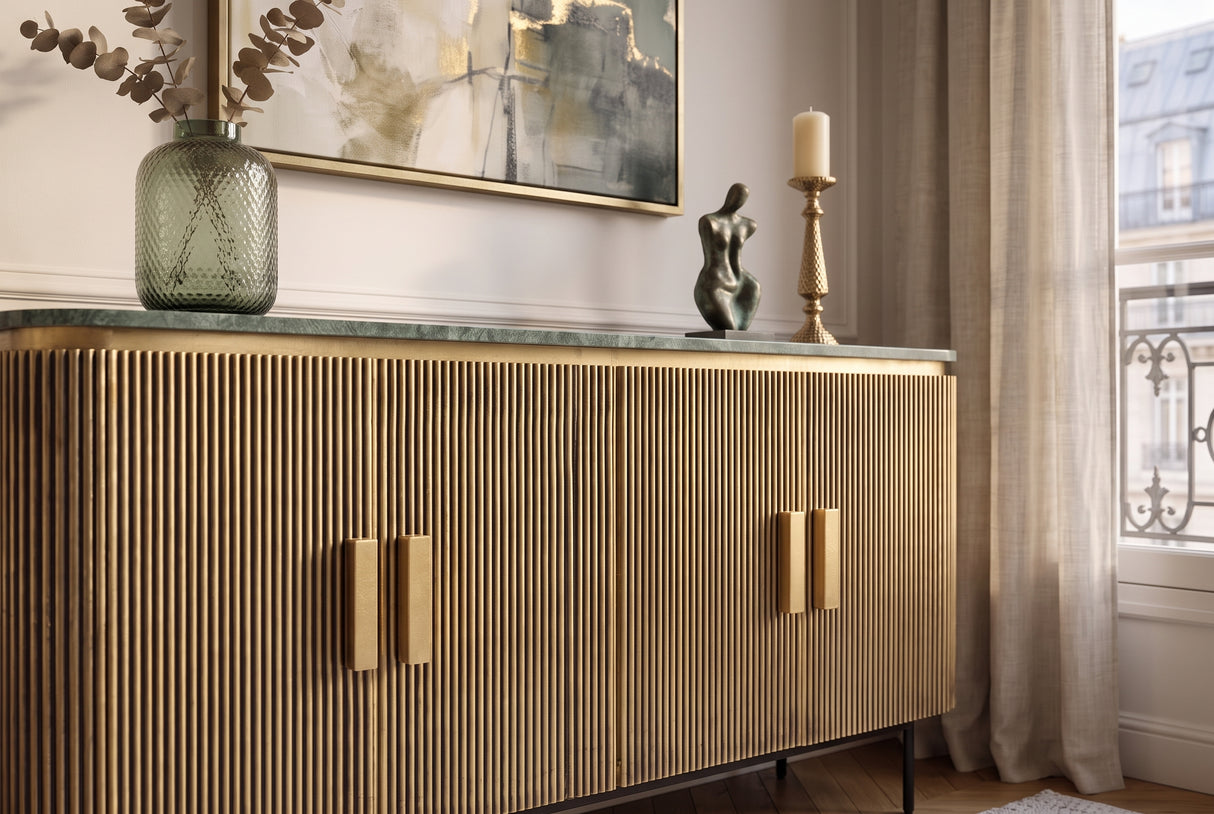 Sideboard VENEZIANO 160cm Mangoholz und Marmorplatte grün Messing