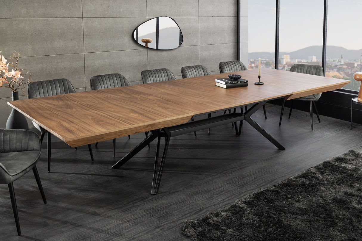 Dining table GIANT 200-320cm extendable natural walnut wood look w/ black metal frame