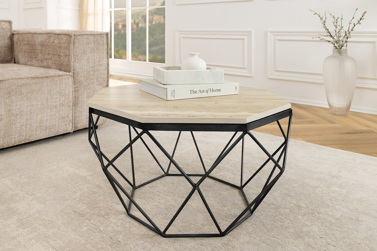 Couchtisch DIAMOND 70cm Gestell Eisen schwarz Platte Travertin