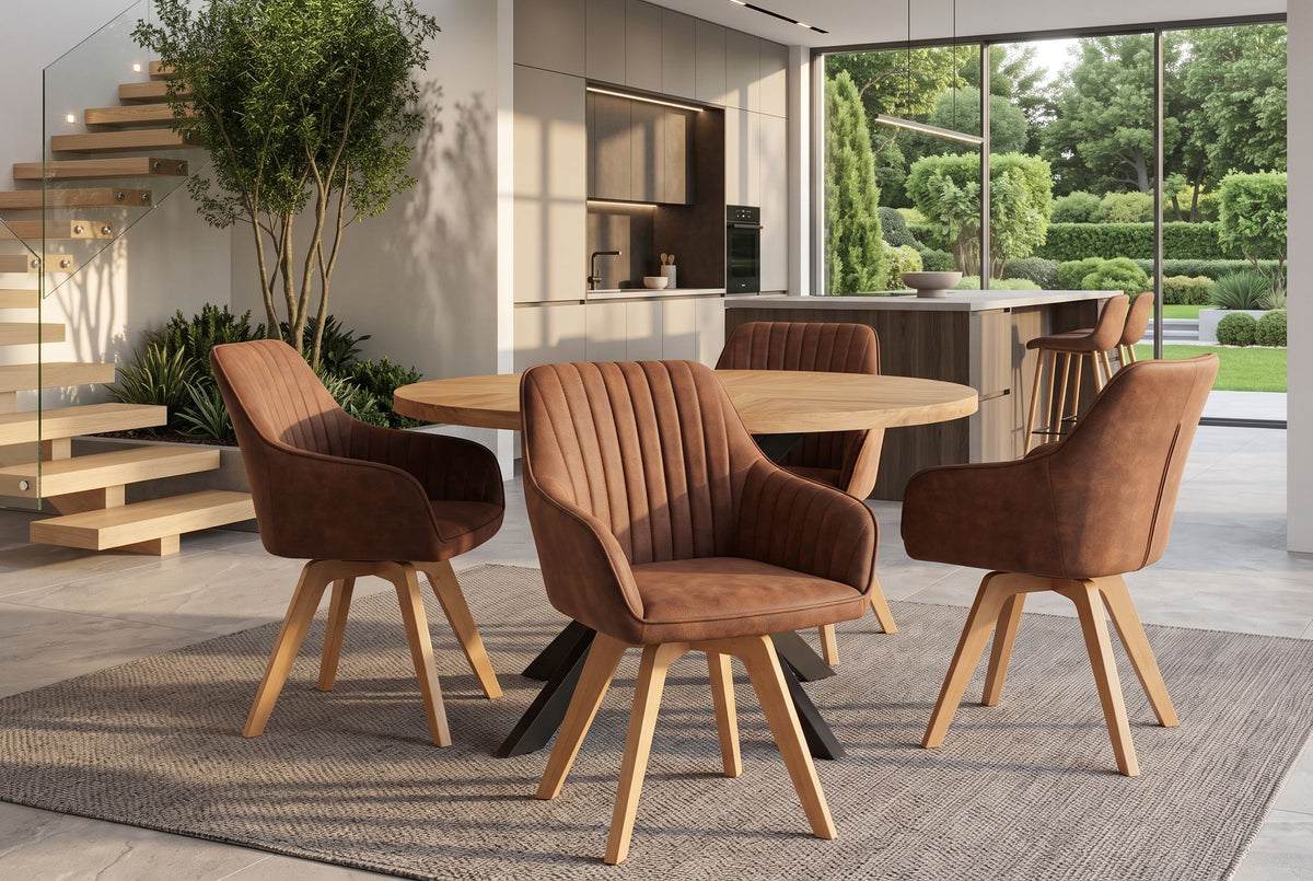 Swivel chair LIVORNO 180° auto-return w/ armrests microfibre vintage brown beech wood frame