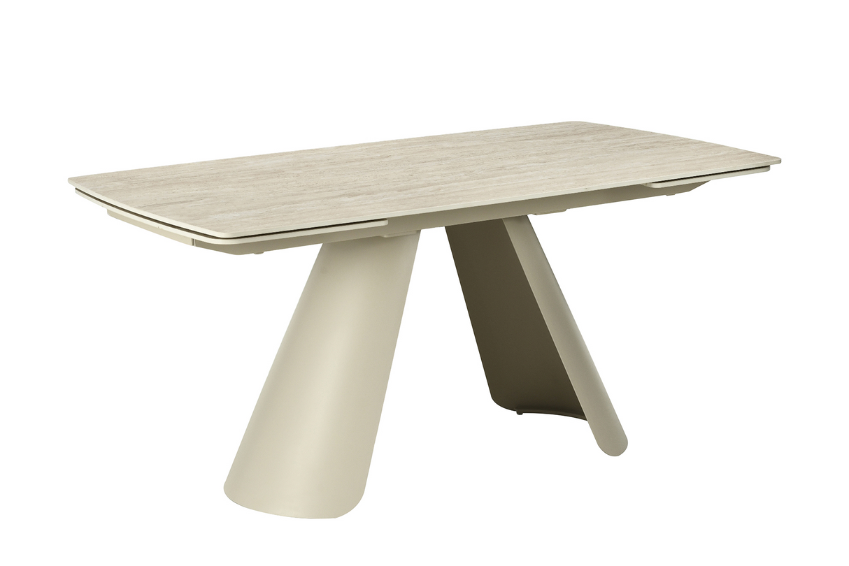 Dining table VOGUE 160-240cm extendable w/ metal frame travertine ceramic top champagne greige beige