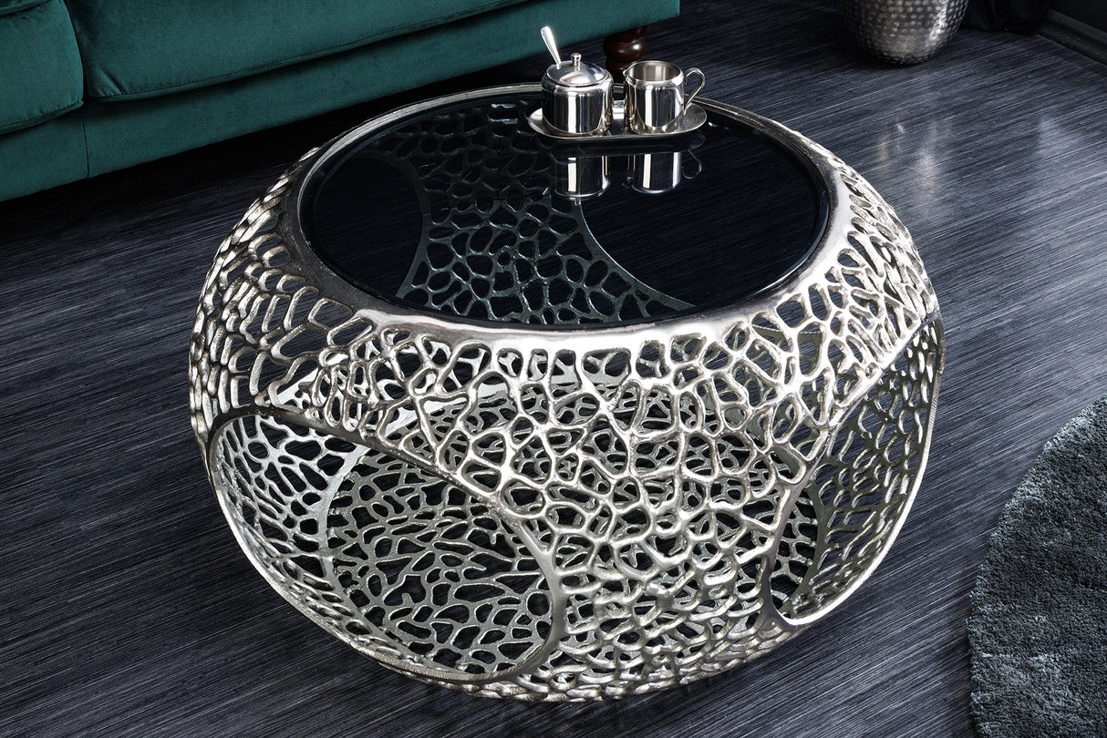 Couchtisch SPIN 40cm gehärtetes schwarzes Glas silberne Basis