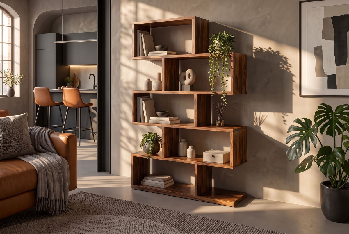 Shelf MAKASSAR XL 150cm asymmetrical open shelving sheesham wood brown stone finish