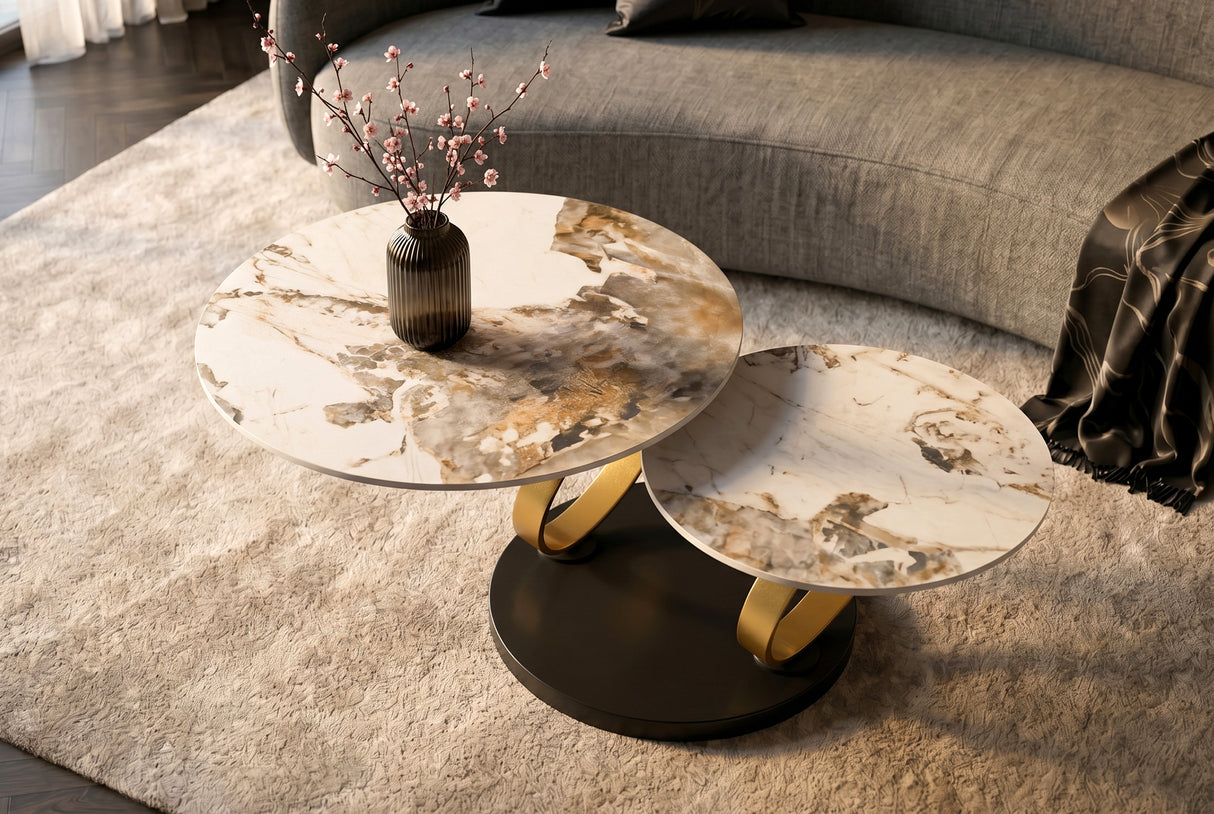 Coffee table DANCING RINGS round rotatable pandora ceramic matte gold rings