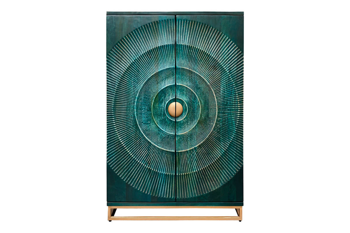 Barschrank GOLDEN SUNSET 140cm 3D Mangoholz türkis handgefertigt
