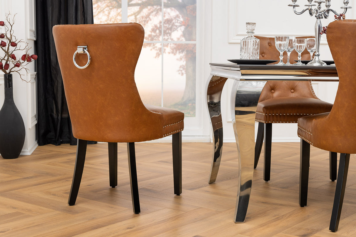 Chair CASTLE w/ comfort handle artificial leather cognac brown in chesterfield style