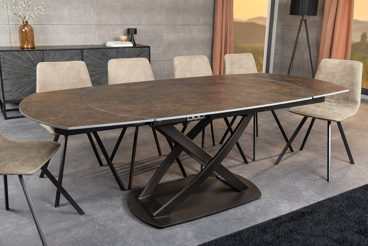 Dining table INCEPTION 130-190cm extendable w/ bronze rack oval ceramic top rust look