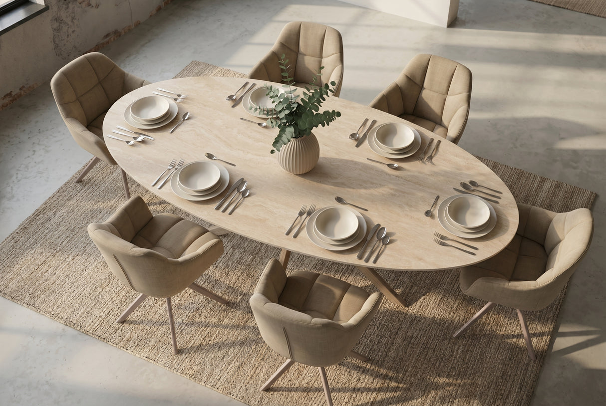 Dining table TRAVERTIN 220cm oval ceramic champagne greige