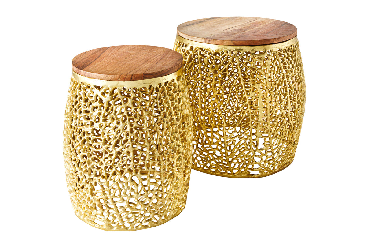 Coffee table LEAF 40cm set of 2 gold with acacia wood plate