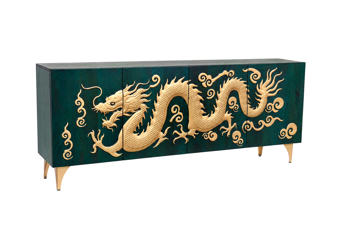 Sideboard DRAGON 180cm 3D dragon front mango wood turquoise w/ gold coloured details