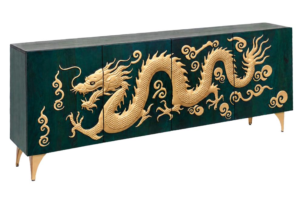 Sideboard DRAGON 180cm 3D dragon front mango wood turquoise w/ gold coloured details