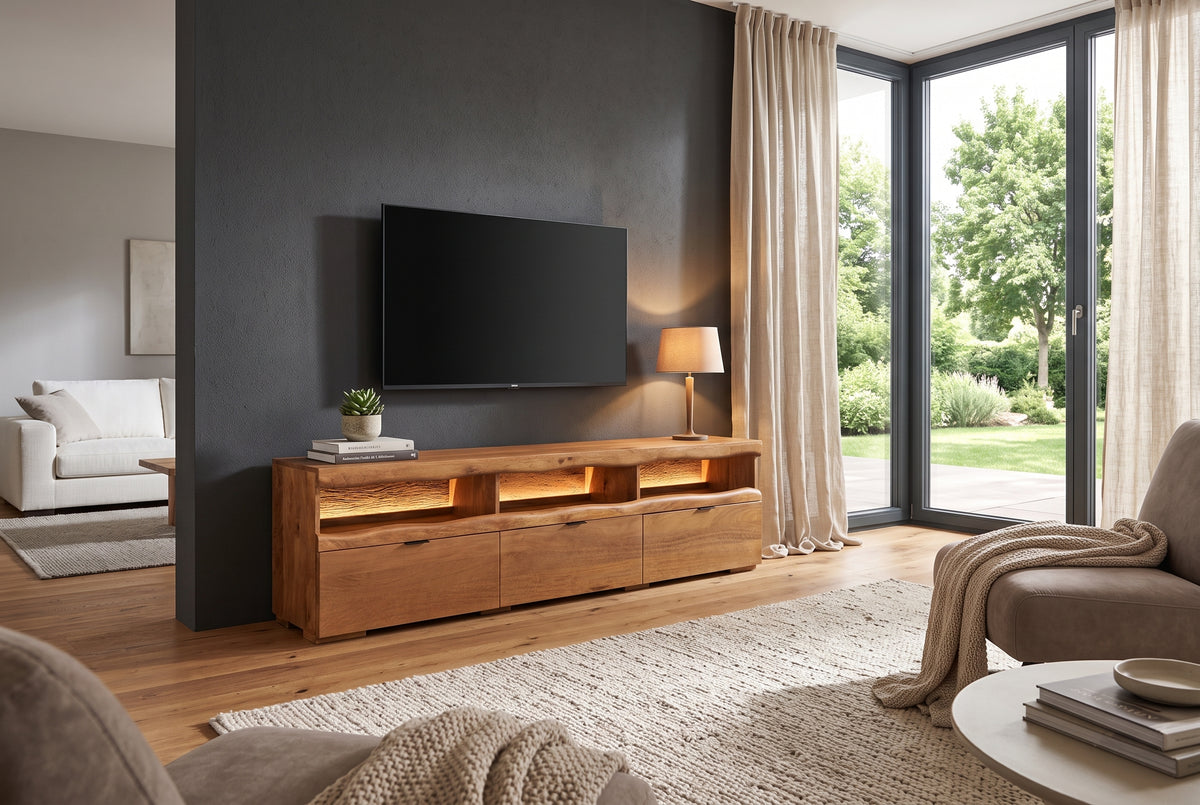 TV-Board GRAND MANGO 180cm mango wood brown w/ remote-controlled LED light