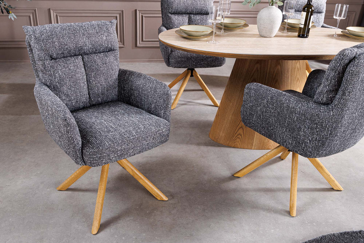 Swivel chair BIG GEORGE 360° auto return textured fabric grey w/ oak wood frame