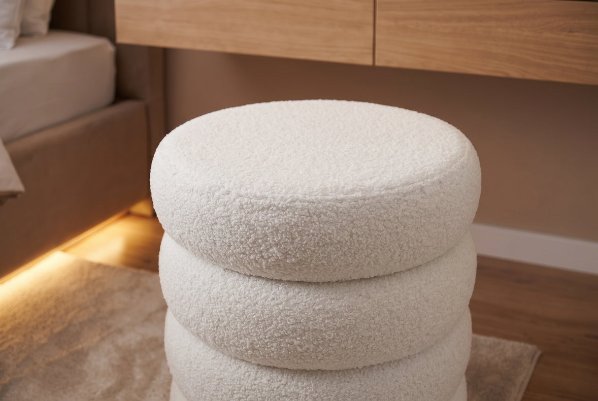 Stool VOGUE 40cm round upholstered w/ storage space bouclè white
