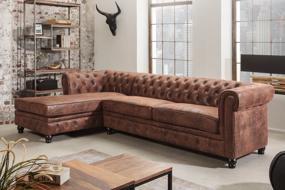 Ecksofa CHESTERFIELD mit Ottomane links 270cm Federkern Microfaser antikbraun