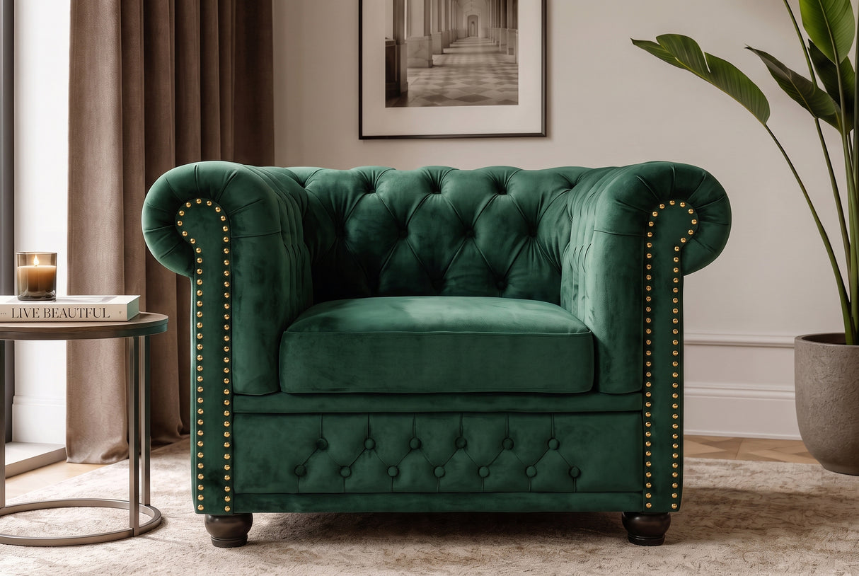 Armchair CHESTERFIELD antique look velvet emerald green
