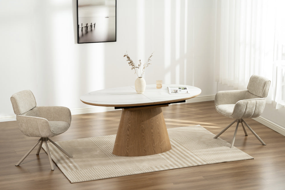Dining table UNIQUE 160-200cm extendable oak wood verneered w/ ceramic white marble top