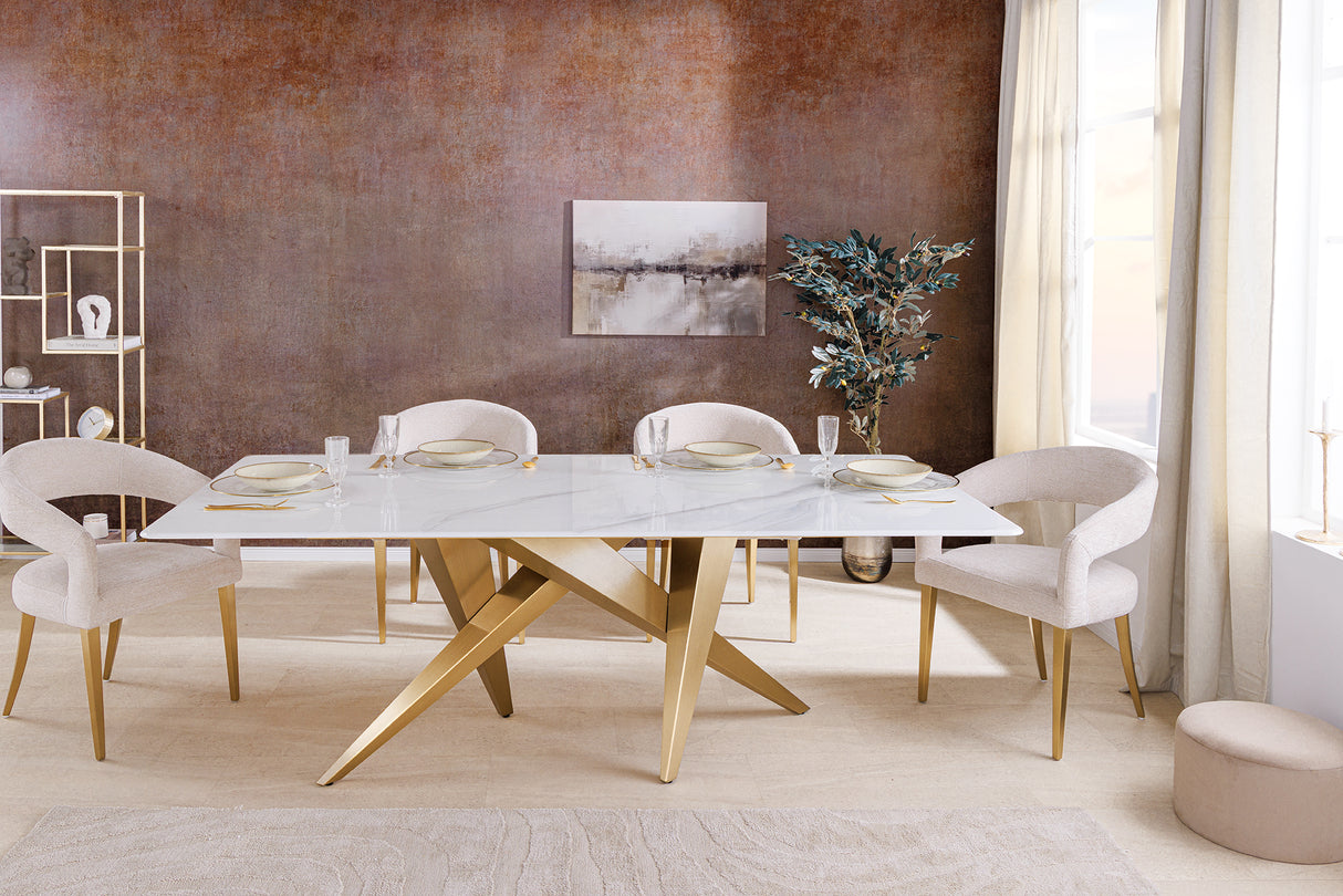 Esstisch ART LIVING 200cm Keramikplatte aus weißem Marmor mit champagnergoldenem Rahmen