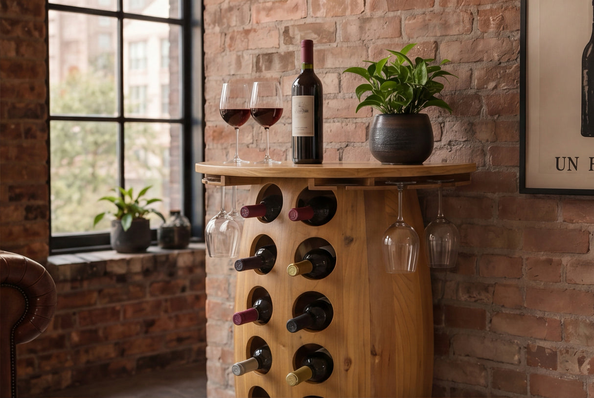 Wine shelf half BODEGA 85cm for 14 bottles and 6 glasses pine wood