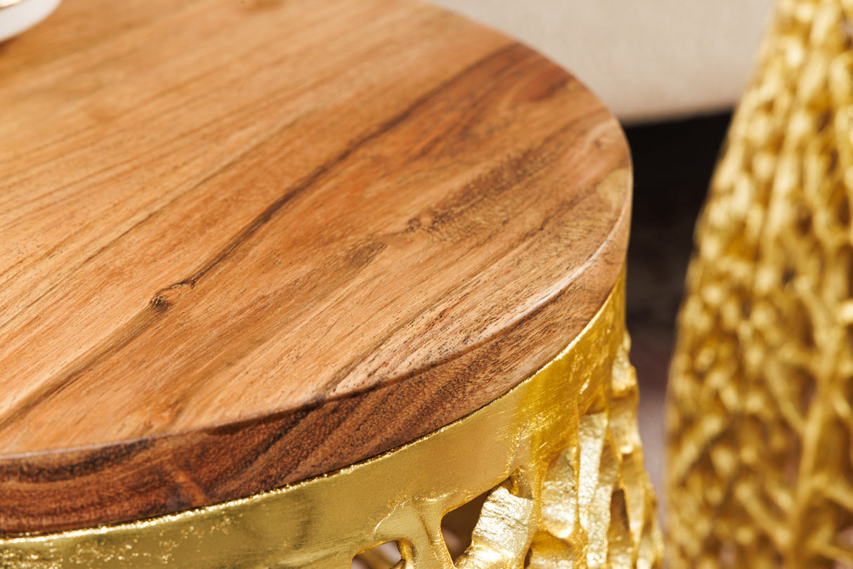 Coffee table LEAF 40cm set of 2 gold with acacia wood plate