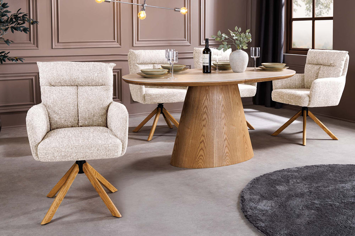 Swivel chair BIG GEORGE 360° auto return textured fabric champagne greige w/ oak wood frame